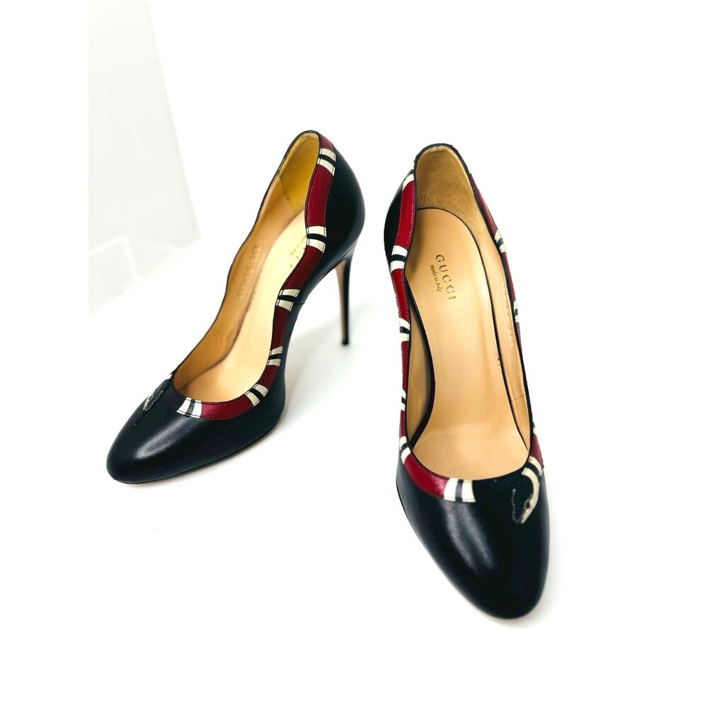 Gucci Yoko Black Red Snake Leather High Heel Pumps Pointed Toe EU 38.5